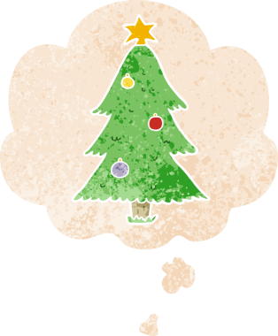 Düşünce baloncuğu olan karikatür noel ağacı grunge sıkıntılı retro dokuma tarzı bir insan tarafından çizilmiş
