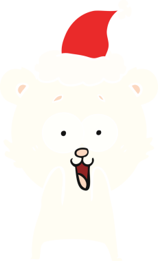 Heyecanlı ayıcık eli çizilmiş düz renkli Noel Baba şapkası giymiş bir insan tarafından çizilmiş