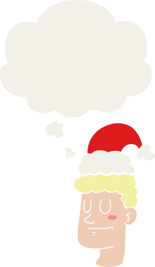 Düşünce baloncuklu noel şapkası takan karikatürist bir insan tarafından çizilmiş.