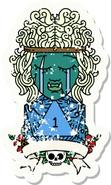 Retro Dövme Tarzı Ağlayan Ork Barbar Karakteri Bir insan tarafından çizilmiş doğal D20 rulosu