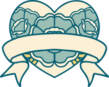 İkonik dövme stili bir kalp ve bir insan tarafından çizilmiş çiçekli pankart.