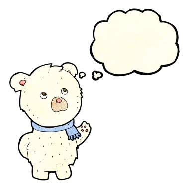 Bir insan tarafından çizilmiş düşünce baloncuklu şirin kutup ayısı.