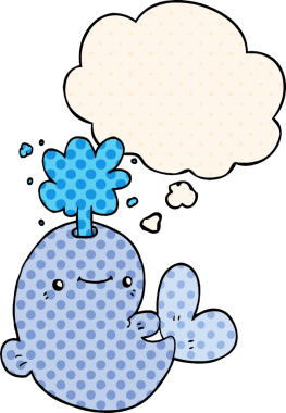 Çizgi roman tarzında bir insan tarafından çizilmiş düşünce balonuyla su püskürten çizgi film balinası.