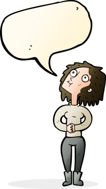 Bir insan tarafından çizilmiş bir konuşma balonuyla yukarı bakan çizgi film kadını.