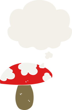 Düşünce baloncuğu olan çizgi film mantarları insan tarafından çizilmiş.