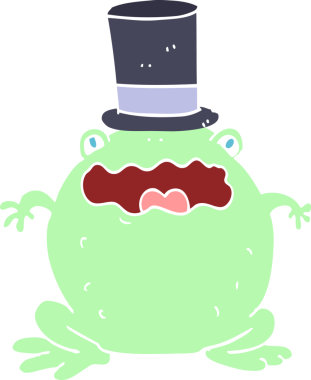 Bir insan tarafından çizilmiş silindir şapka giyen düz renkli çizgi film karakurbağası.