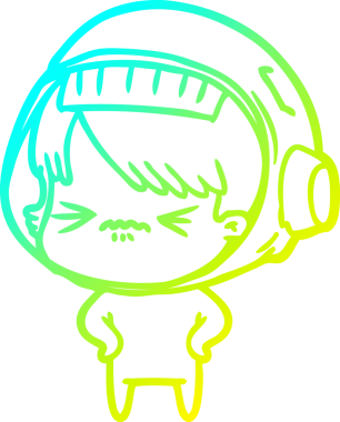 Bir insan tarafından çizilmiş kalçasında elleri olan kızgın bir uzay kızının soğuk çizgi çizimi.