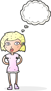 Bir insan tarafından çizilmiş düşünce baloncuğu olan çizgi film kadını.