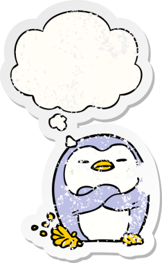 Karikatür penguen ayağı düşünce baloncuğu ile bir insan tarafından çizilmiş yıpranmış bir çıkartma gibi vuruyor.