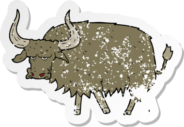 Bir insan tarafından çizilmiş kızgın, kıllı bir ineğin gerilimli çıkartması.