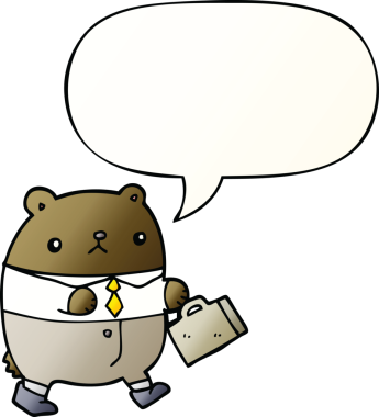 Çizgi film ayısı iş kıyafetleri içinde konuşma baloncuğu ile bir insan tarafından çizilmiş yumuşak bir gradyan tarzıyla