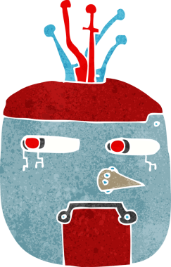 Bir insan tarafından çizilmiş altın renkli robot kafası.