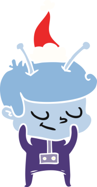 Utangaç el çizimi düz renk çizimi. Bir insan tarafından çizilmiş Noel Baba şapkası giyen bir uzay adamı.