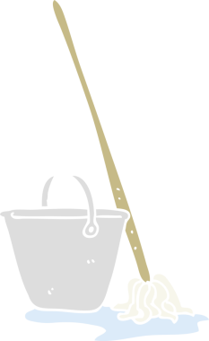 Bir insan tarafından çizilmiş paspas ve kovanın düz renk çizimi