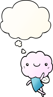 Düşünce baloncuğu olan tatlı bulut kafalı yaratık bir insan tarafından çizilmiş.
