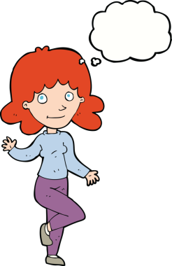 Karikatür dostu kadın bir insan tarafından çizilmiş düşünce balonuyla el sallıyor.