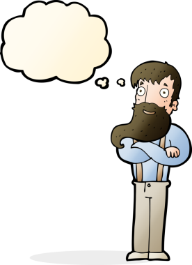 Bir insan tarafından çizilmiş düşünce balonlu sakallı hippi adam.