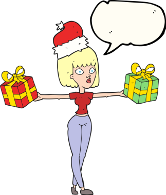 Bir insan tarafından çizilmiş Xmas 'lı serbest konuşma balonu karikatürü kadın.