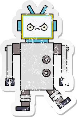 Bir insan tarafından çizilmiş sevimli bir robot çizgi film çıkartması.