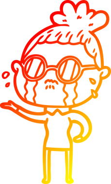 Bir insan tarafından çizilmiş gözlüklü, ağlayan bir kadının çizgi film çizimi.