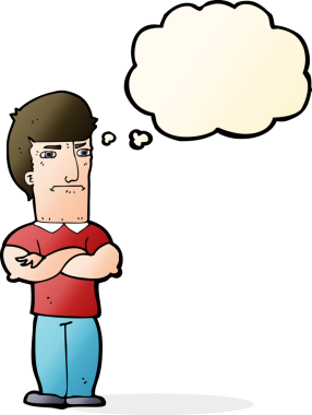 Bir insan tarafından çizilmiş düşünce baloncuğuyla kollarını kavuşturmuş, rahatsız bir adam.