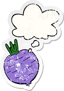 Düşünce baloncuğu olan karikatür sebzesi insan tarafından çizilmiş yıpranmış bir çıkartma.