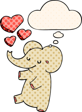 Bir insan tarafından çizilmiş, düşünce baloncuklu aşk dolu karikatür fili.