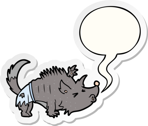 Bir insan tarafından çizilmiş konuşma balonu çıkartmalı cadılar bayramı kurtadamı çizgi filmi.