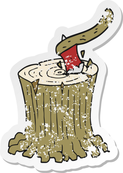 Bir insan tarafından çizilmiş ağaç kütüğündeki çizgi film baltasının gerilimli retro yapıştırması