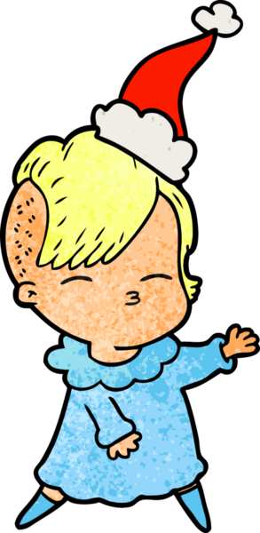 Bir insan tarafından çizilmiş Noel Baba şapkası giyen şaşı bir kızın el çizimi karikatürü.