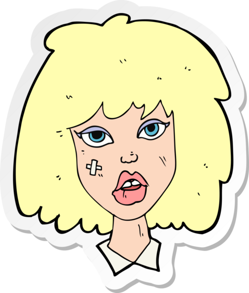 Bir insan tarafından çizilmiş yüzü morarmış bir karikatür kadının çıkartması.