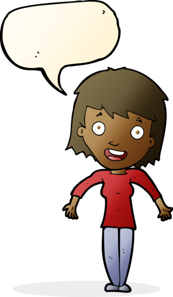 Bir insan tarafından çizilmiş konuşma baloncuğuyla omuz silken çizgi film kadını.