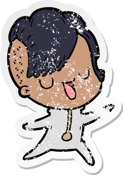 Hipster saç kesimi bir insan tarafından çizilmiş tatlı bir çizgi film kızına ait sıkıntılı bir etiket.