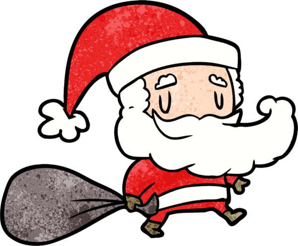 Bir insan tarafından çizilmiş hediye çantası taşıyan Noel Baba çizgi filmi.