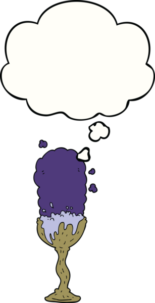 Bir insan tarafından çizilmiş düşünce baloncuklu iksir kadehi.