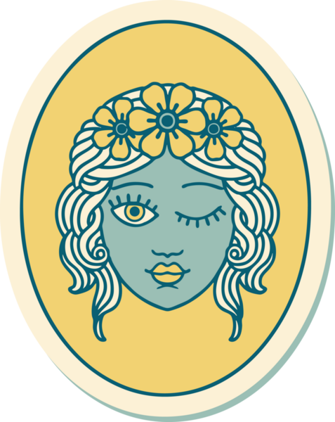 Geleneksel bir dövme stili. Çiçekten taç takmış bir kız. Bir insan tarafından çizilmiş.