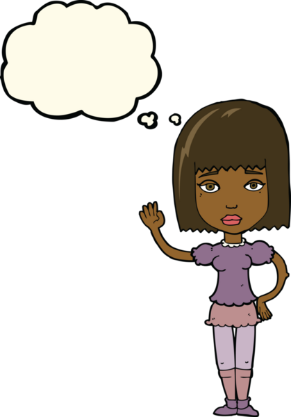 Bir insan tarafından çizilmiş düşünce baloncuğuyla el sallayan çizgi film kadını.