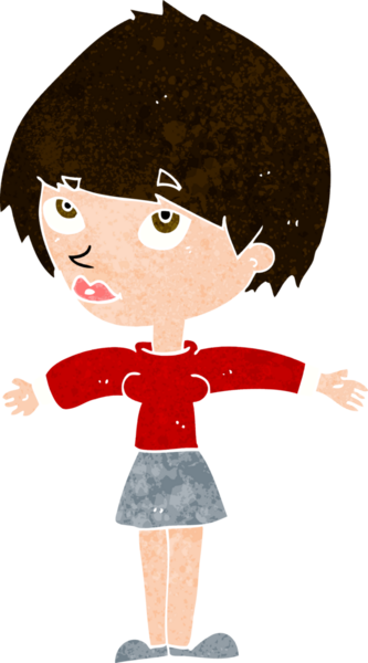 Bir insan tarafından çizilmiş açık kollu çizgi film kadını.