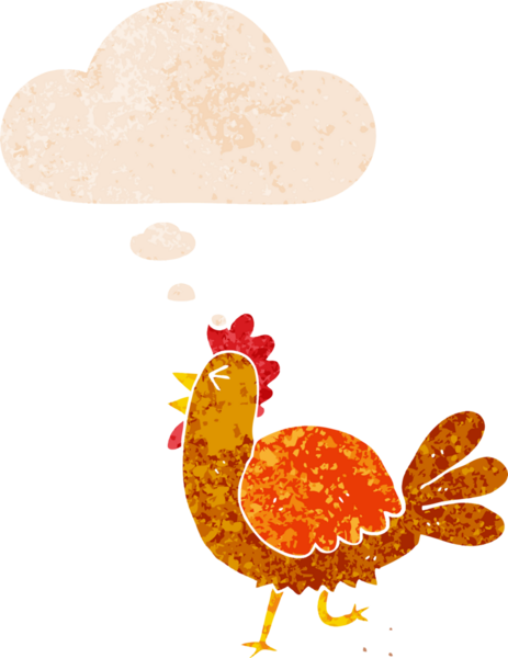 Düşünce baloncuklu çizgi film horozu grunge sıkıntılı retro dokuma tarzı bir insan tarafından çizilmiş