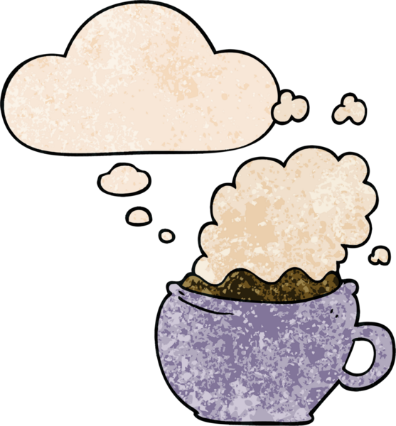 Bir insan tarafından çizilmiş, grunge desenli, düşünce baloncuklu sıcak kahve.