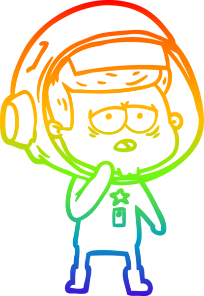 Gökkuşağı gradyan çizgi çizimi bir insan tarafından çizilmiş yorgun astronot