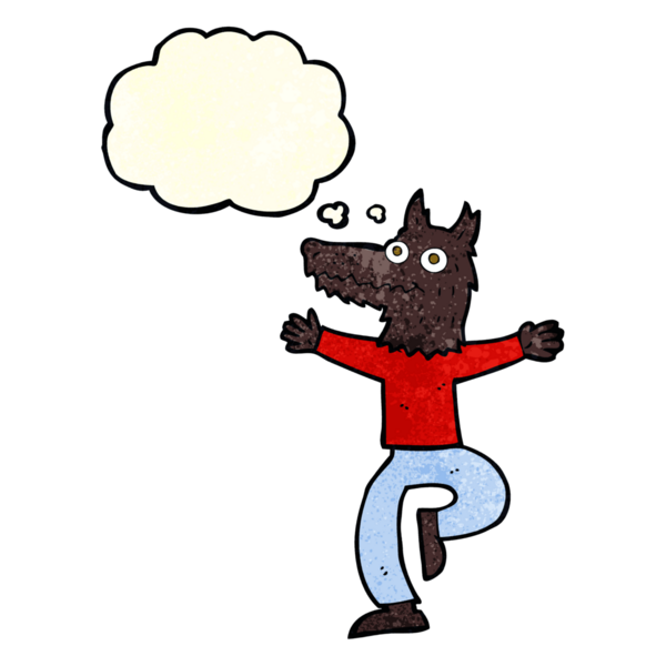 Bir insan tarafından çizilmiş düşünce balonlu bir kurt adam.