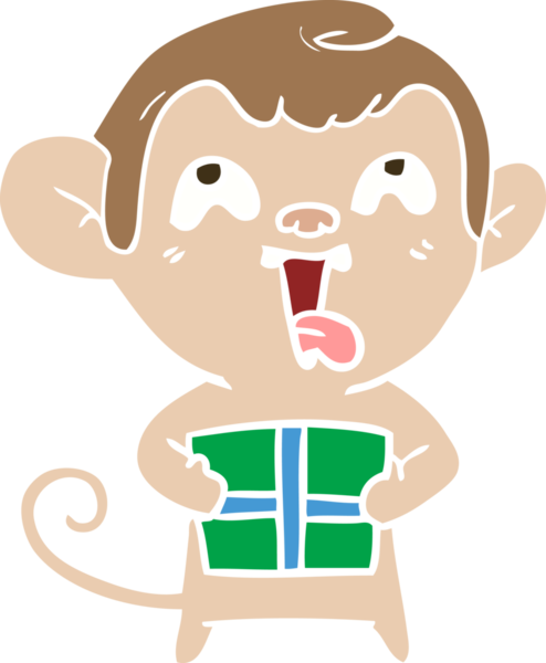 Çılgın düz renkli çizgi film maymunu Noel hediyesi olarak bir insan tarafından çizilmiş.