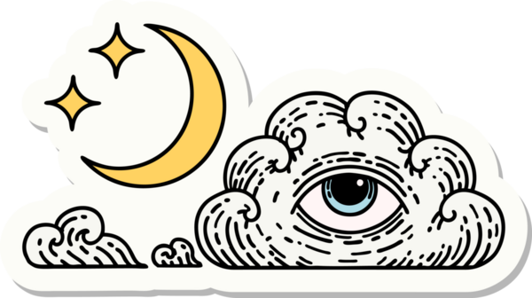 Geleneksel ay yıldızları stili dövme çıkartması ve bir insan tarafından çizilmiş bulut.