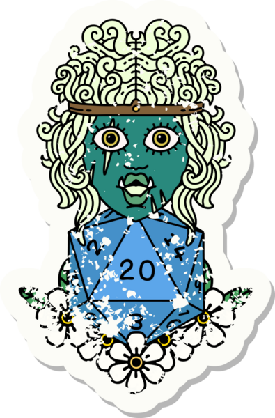 Retro Dövme Tarzı Ork barbarlığı. Bir insan tarafından çizilmiş doğal yirmi zar.