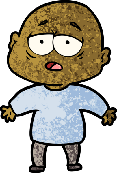 Bir insan tarafından çizilmiş yorgun, kel bir adam.