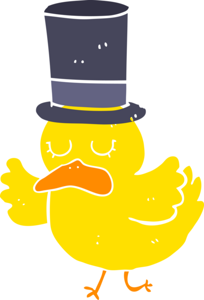 Düz renkli çizgi film ördeği bir insan tarafından çizilmiş silindir şapka giyiyor.