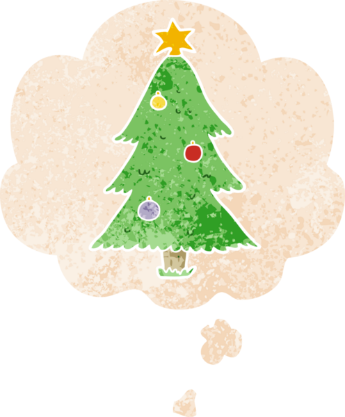 Düşünce baloncuğu olan karikatür noel ağacı grunge sıkıntılı retro dokuma tarzı bir insan tarafından çizilmiş