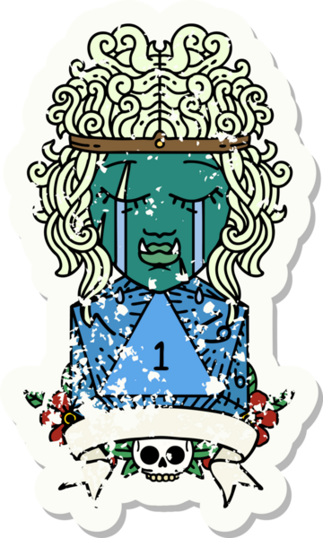 Retro Dövme Tarzı Ağlayan Ork Barbar Karakteri Bir insan tarafından çizilmiş doğal D20 rulosu