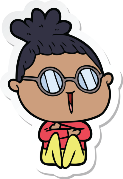 Bir insan tarafından çizilmiş gözlüklü bir karikatür kadının çıkartması.